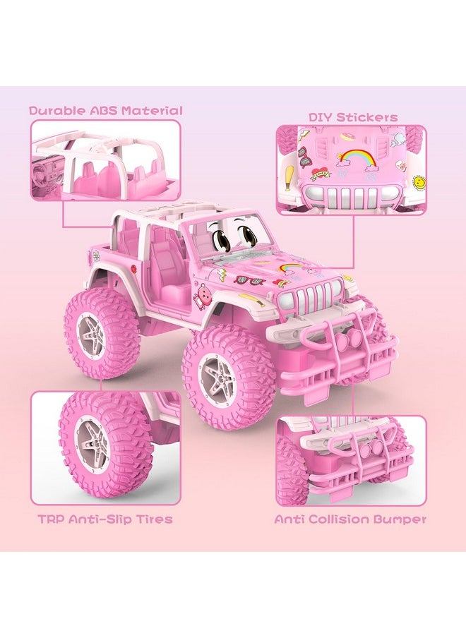 Pink Rc Cars With Diy Stickers, Remote Control Car For Girls, 80 Min Play Jeep 2.4Ghz Off Road Rc Trucks, Birthday Christmas Little Girl Toys Gifts For 3-8 Years Old