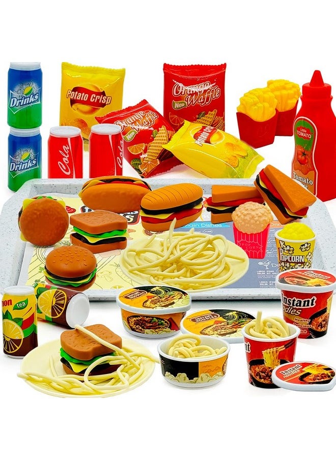 Pretend Play Kitchen Food Set For Kids Hamburger Fries Noodles Drink With Tray Playset,Play House Kitchen Accessories Role Toys Birthday Gifts For Boys Girls 3 4 5 Yrs (31Pcs Hamburger Chips)