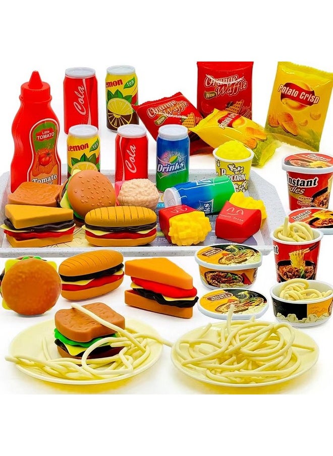 Pretend Play Kitchen Food Set For Kids Hamburger Fries Noodles Drink With Tray Playset,Play House Kitchen Accessories Role Toys Birthday Gifts For Boys Girls 3 4 5 Yrs (31Pcs Hamburger Chips)