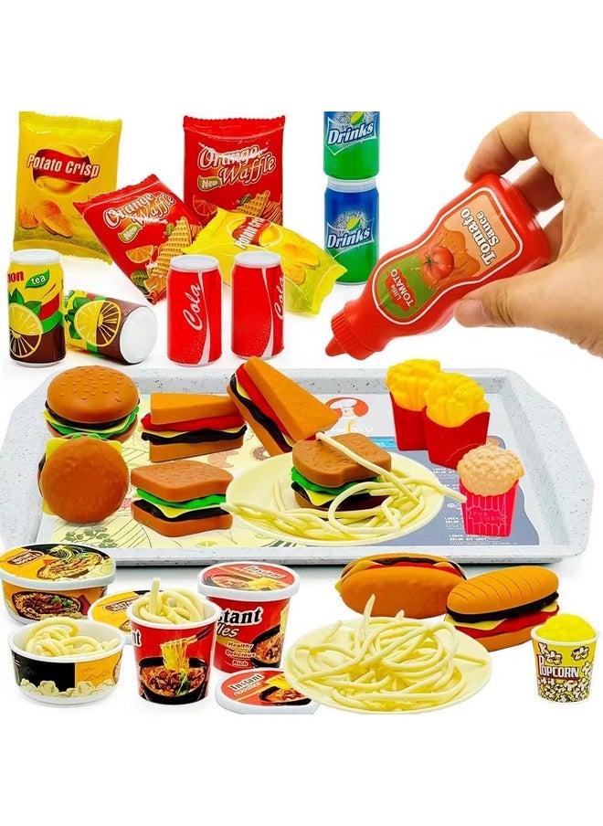 Pretend Play Kitchen Food Set For Kids Hamburger Fries Noodles Drink With Tray Playset,Play House Kitchen Accessories Role Toys Birthday Gifts For Boys Girls 3 4 5 Yrs (31Pcs Hamburger Chips)