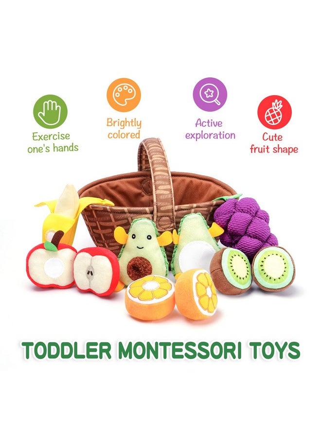 Plush Stuffed Cloth Fruit Food Toy Set For Toddler 1-3, Soft Fruit Basket Montessori Sensory Toy For 1 Year Old, Felt Pretend Fake Food Toy For Baby 0-6-12 Month, Newborn