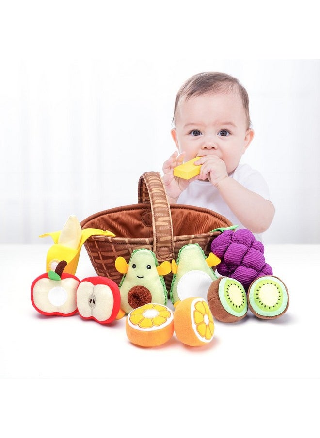 Plush Stuffed Cloth Fruit Food Toy Set For Toddler 1-3, Soft Fruit Basket Montessori Sensory Toy For 1 Year Old, Felt Pretend Fake Food Toy For Baby 0-6-12 Month, Newborn