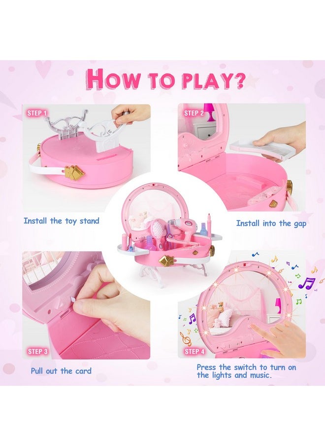 Toddler Vanity, Portable Kids Vanity Set With Mirror & Accessories, Little Girl Princess Vanity Toy With Lights And Music, Pretend Makeup For Toddlers 1-5