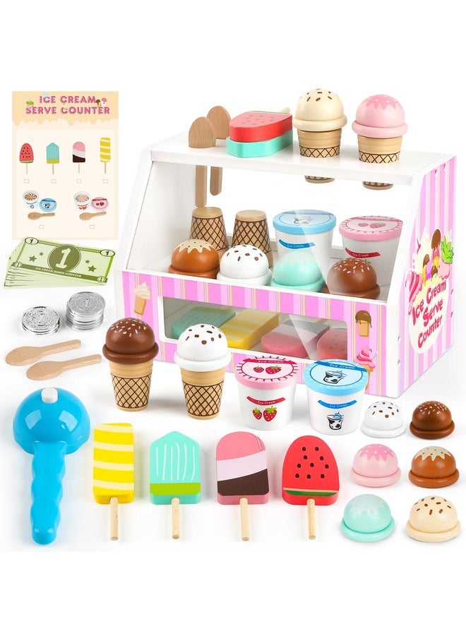 Ice Cream Counter Playset For Kids, 38 Pcs Wooden Ice Cream Set Shop For Toddlers 3-5, Toddler Pretend Play Toy, Christmas Birthday Gift For Boys And Girls