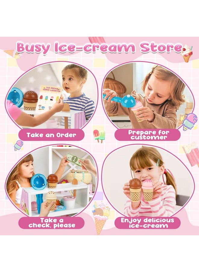 Ice Cream Counter Playset For Kids, 38 Pcs Wooden Ice Cream Set Shop For Toddlers 3-5, Toddler Pretend Play Toy, Christmas Birthday Gift For Boys And Girls