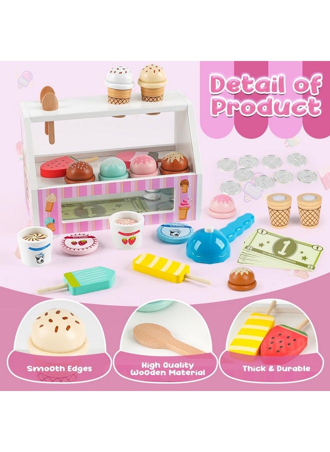 Ice Cream Counter Playset For Kids, 38 Pcs Wooden Ice Cream Set Shop For Toddlers 3-5, Toddler Pretend Play Toy, Christmas Birthday Gift For Boys And Girls