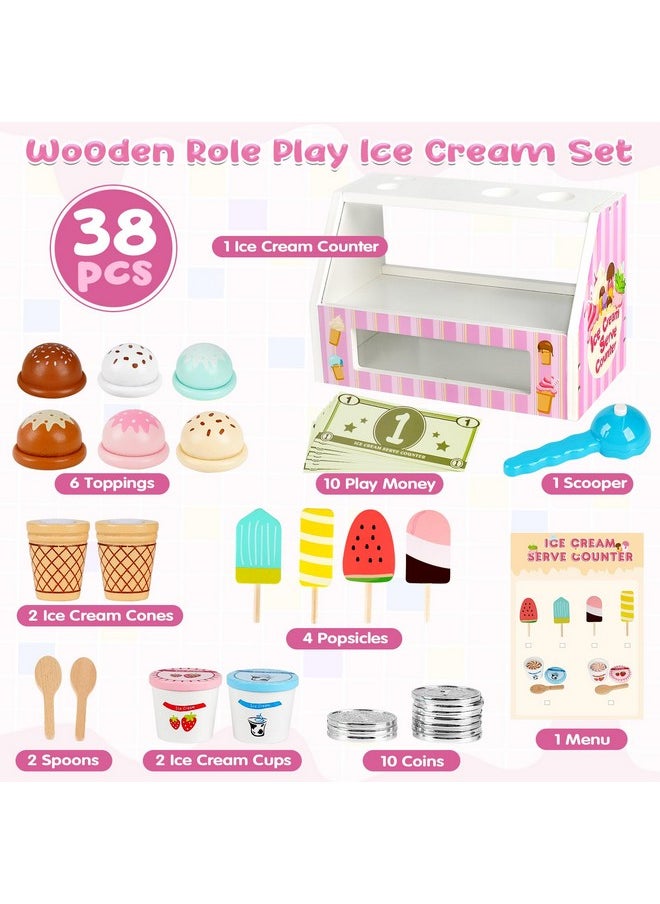 Ice Cream Counter Playset For Kids, 38 Pcs Wooden Ice Cream Set Shop For Toddlers 3-5, Toddler Pretend Play Toy, Christmas Birthday Gift For Boys And Girls