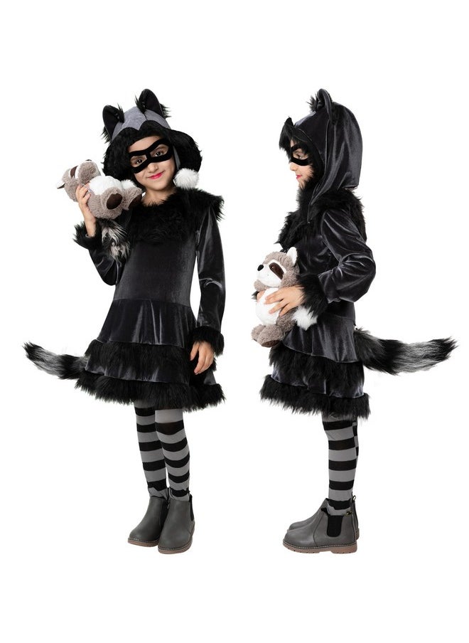 Halloween Child Girl Sweet Raccoon Costume With Eye Mask For Kids, Toddler Halloween Dress Up, Animal-Themed Party (Large(10-12 Yrs))