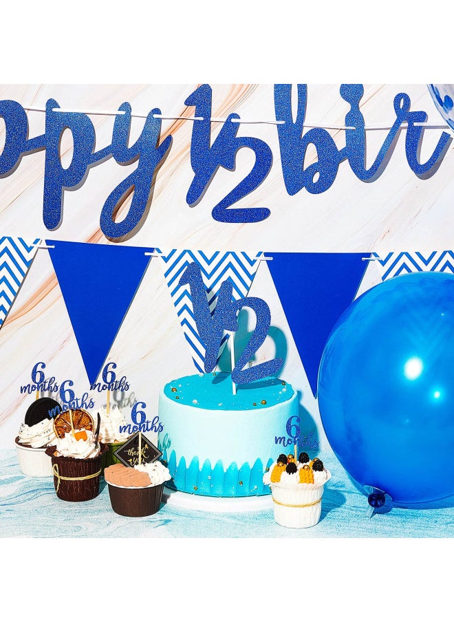 51 Pieces 6 Months Birthday Decorations Happy Half Birthday Banner 6 Month Cupcake Topper Pick 1/2 Half Year Cake Topper Triangle Flag Banner Confetti Balloons for Girl Boy Baby Shower (Dark Blue)