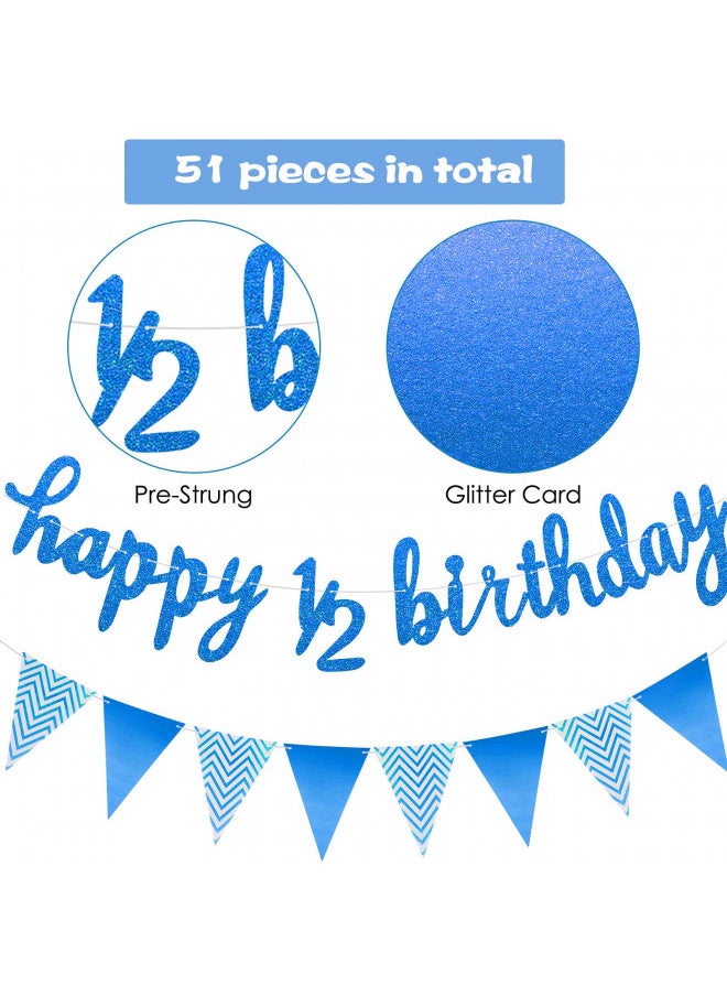 51 Pieces 6 Months Birthday Decorations Happy Half Birthday Banner 6 Month Cupcake Topper Pick 1/2 Half Year Cake Topper Triangle Flag Banner Confetti Balloons for Girl Boy Baby Shower (Dark Blue)