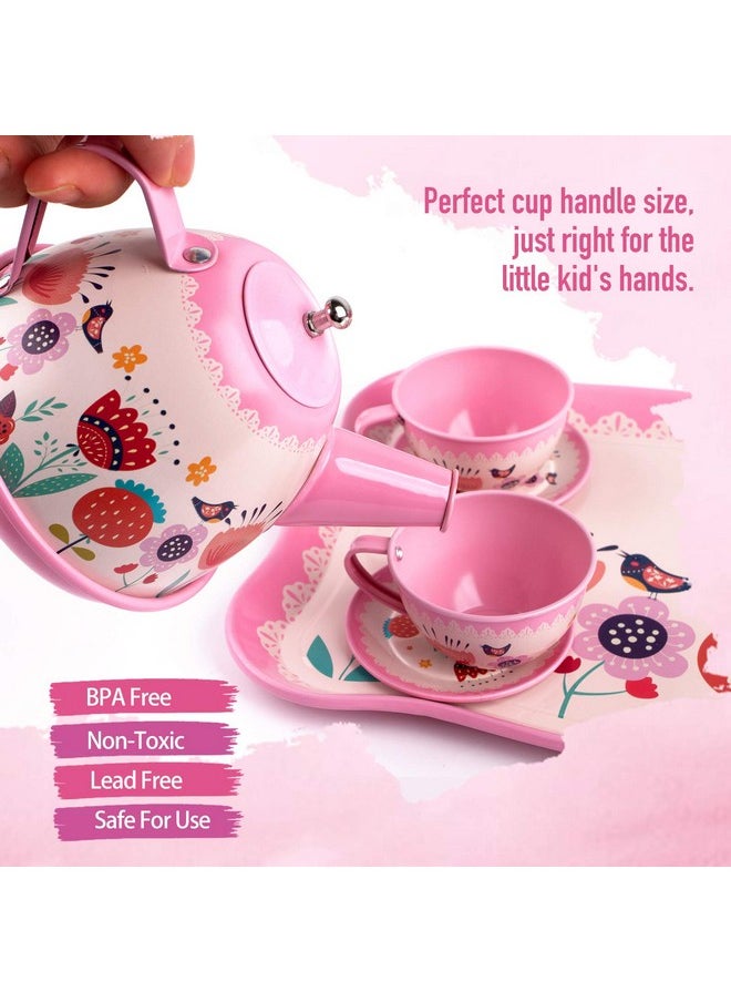 Kids Tea Set For Little Girls, 15Pcs Pink Tin Tea Party Set For Toddlers Afternoon Tea Time Playset With Metal Teapots Tea Cups Play Dishes Princess Toys Gifts With Carry Case