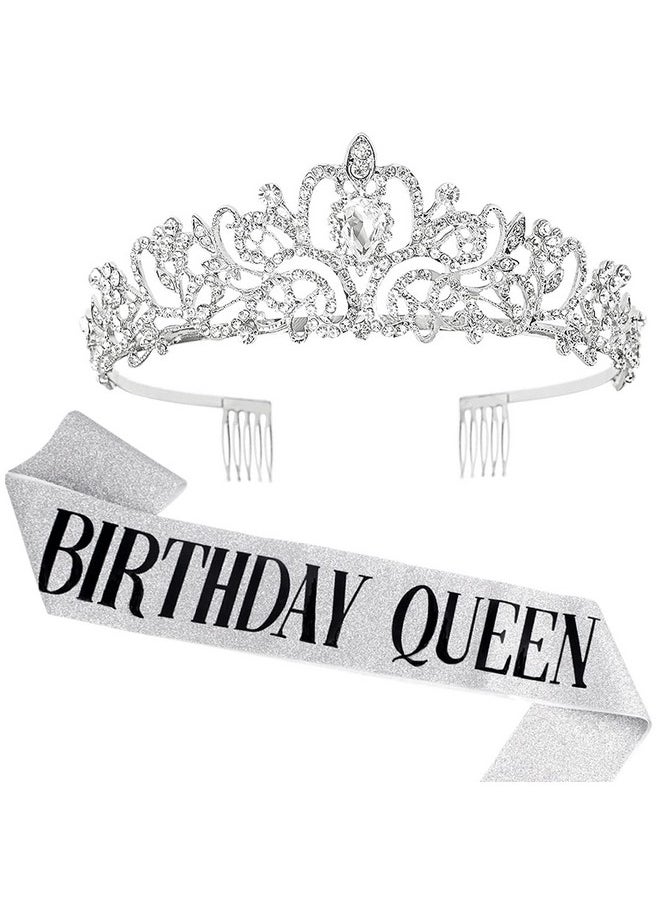 Birthday Queen Sash & Rhinestone Tiara Set Silver Birthday Sash And Tiara For Women Birthday Decoration Kit Rhinestone Headband For Girl Glitter Crystal Hair Accessories For Party Cake Topper