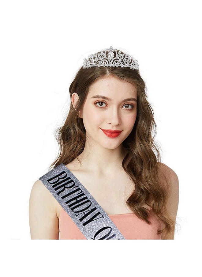 Birthday Queen Sash & Rhinestone Tiara Set Silver Birthday Sash And Tiara For Women Birthday Decoration Kit Rhinestone Headband For Girl Glitter Crystal Hair Accessories For Party Cake Topper