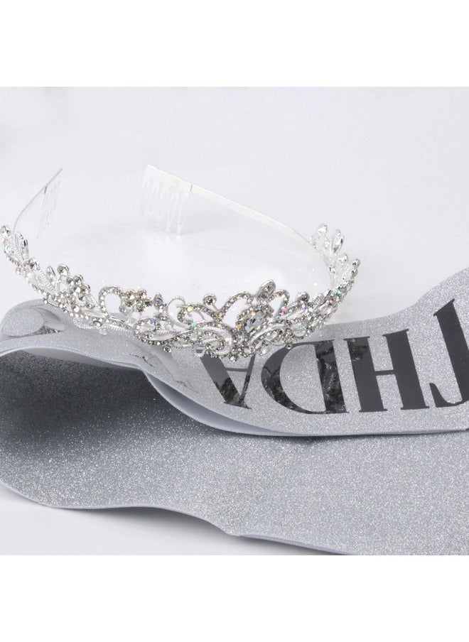 Birthday Queen Sash & Rhinestone Tiara Set Silver Birthday Sash And Tiara For Women Birthday Decoration Kit Rhinestone Headband For Girl Glitter Crystal Hair Accessories For Party Cake Topper