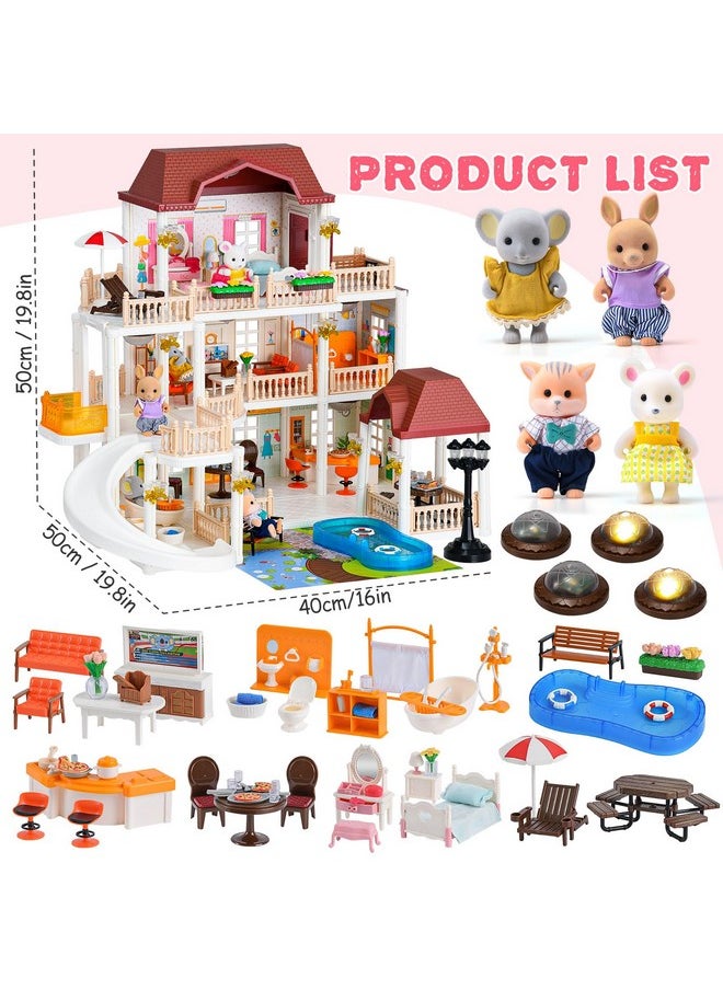 Doll House For Girls Toddler Toys With 4 Doll Toy Figure, Pool Slide, Elevator, Furniture, Pretend Play Dream Dollhouse Playset With Lights Gifts For Kids Girls Age 3 4 5 6-12 Year Old