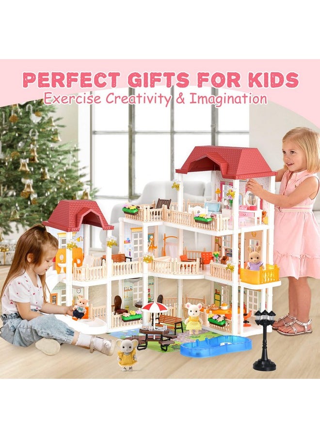 Doll House For Girls Toddler Toys With 4 Doll Toy Figure, Pool Slide, Elevator, Furniture, Pretend Play Dream Dollhouse Playset With Lights Gifts For Kids Girls Age 3 4 5 6-12 Year Old