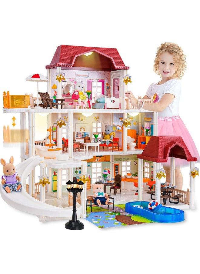 Doll House For Girls Toddler Toys With 4 Doll Toy Figure, Pool Slide, Elevator, Furniture, Pretend Play Dream Dollhouse Playset With Lights Gifts For Kids Girls Age 3 4 5 6-12 Year Old