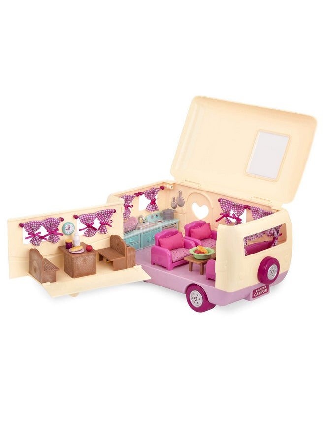 Li’L Woodzeez - Happy Camper Pink With Detachable Toy Vehicle - 40 Pcs Dollhouse Playset Including Furnitures, Play Food & Kitchen Accessories For Kids Age 3+ - Doll Figures Sold Seperately