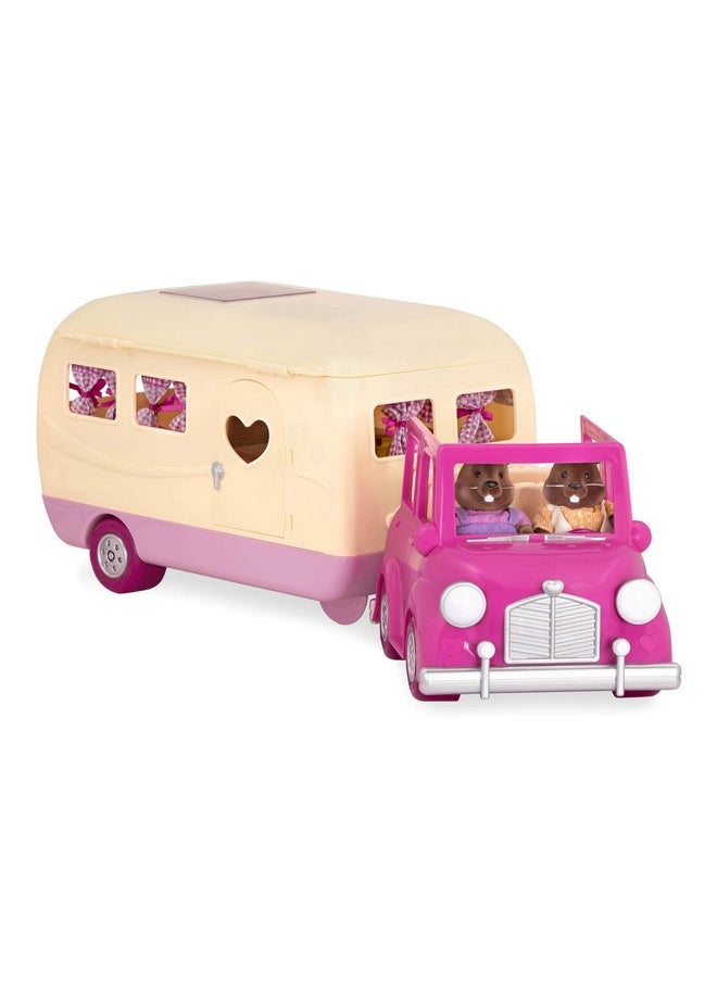 Li’L Woodzeez - Happy Camper Pink With Detachable Toy Vehicle - 40 Pcs Dollhouse Playset Including Furnitures, Play Food & Kitchen Accessories For Kids Age 3+ - Doll Figures Sold Seperately