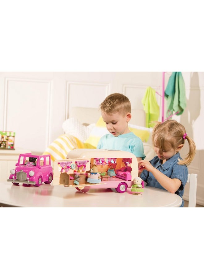 Li’L Woodzeez - Happy Camper Pink With Detachable Toy Vehicle - 40 Pcs Dollhouse Playset Including Furnitures, Play Food & Kitchen Accessories For Kids Age 3+ - Doll Figures Sold Seperately
