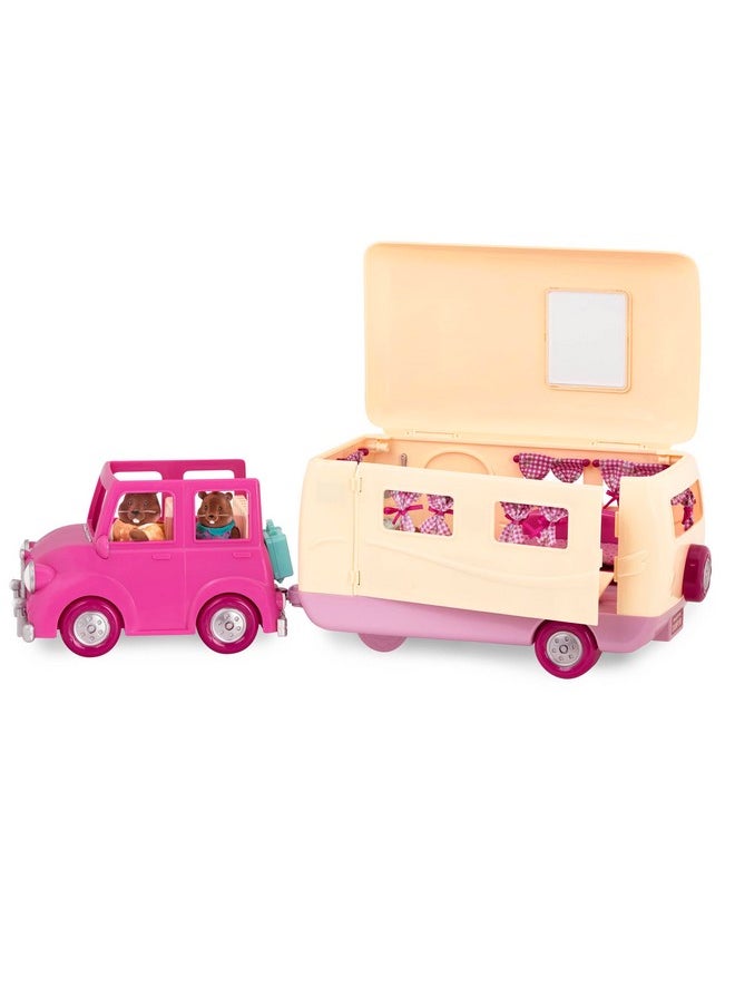Li’L Woodzeez - Happy Camper Pink With Detachable Toy Vehicle - 40 Pcs Dollhouse Playset Including Furnitures, Play Food & Kitchen Accessories For Kids Age 3+ - Doll Figures Sold Seperately