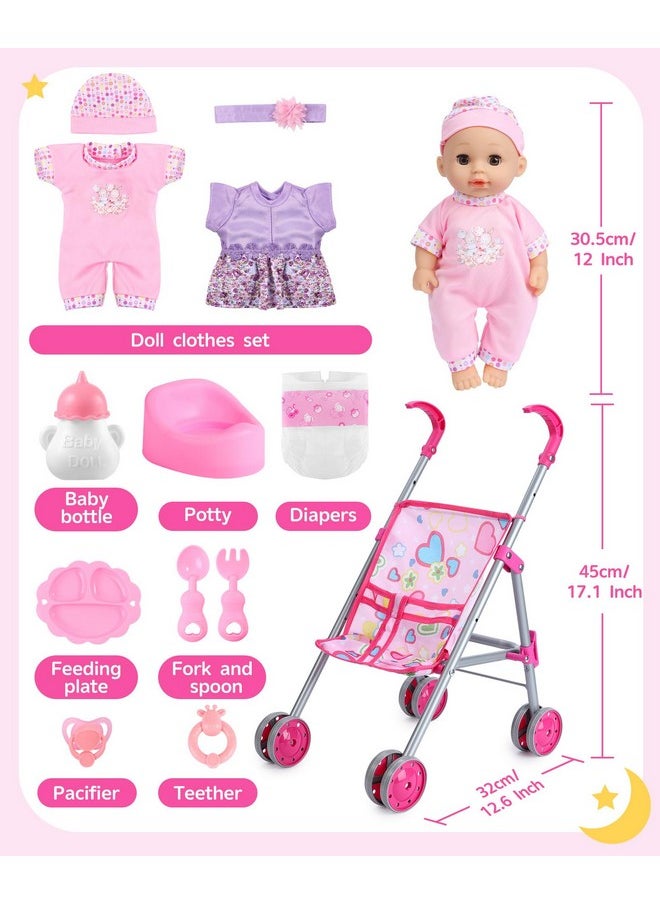 Baby Doll Stroller Set, Doll Stroller With Doll For Toddlers, Toy Baby Doll Strollers For Girls Kids, Including 12