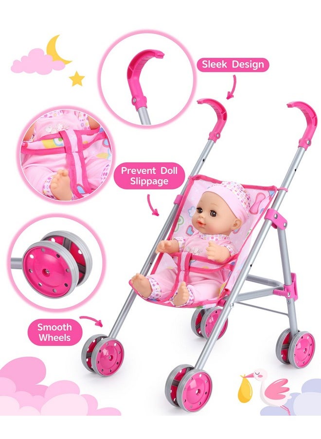 Baby Doll Stroller Set, Doll Stroller With Doll For Toddlers, Toy Baby Doll Strollers For Girls Kids, Including 12