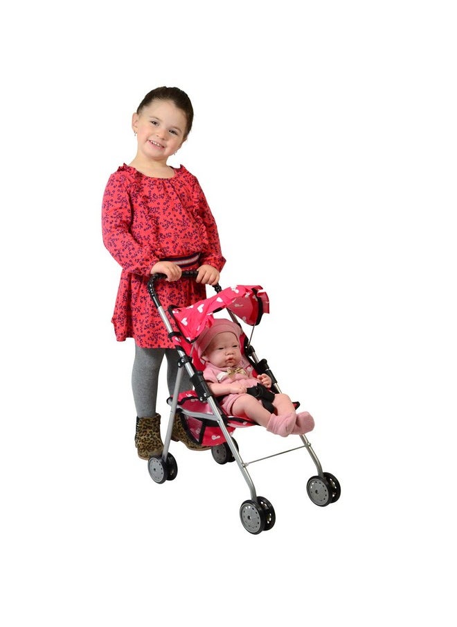 My First Doll Stroller With Basket & Heart Design Foldable Doll Stroller, Pink