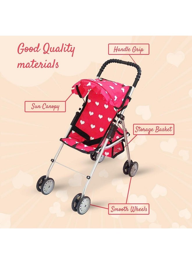 My First Doll Stroller With Basket & Heart Design Foldable Doll Stroller, Pink