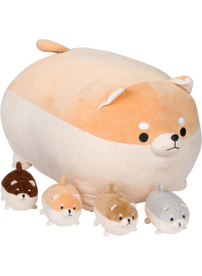 Stuffed Dog Toy - Cute Plushies Shiba Inu Mommy With 4 Puppies - Adorable Plush Pillow For Imaginative Play - Puppy Surprise Soft Animal Toy Set For Girls - Stuffed Animals For Ages 3-8