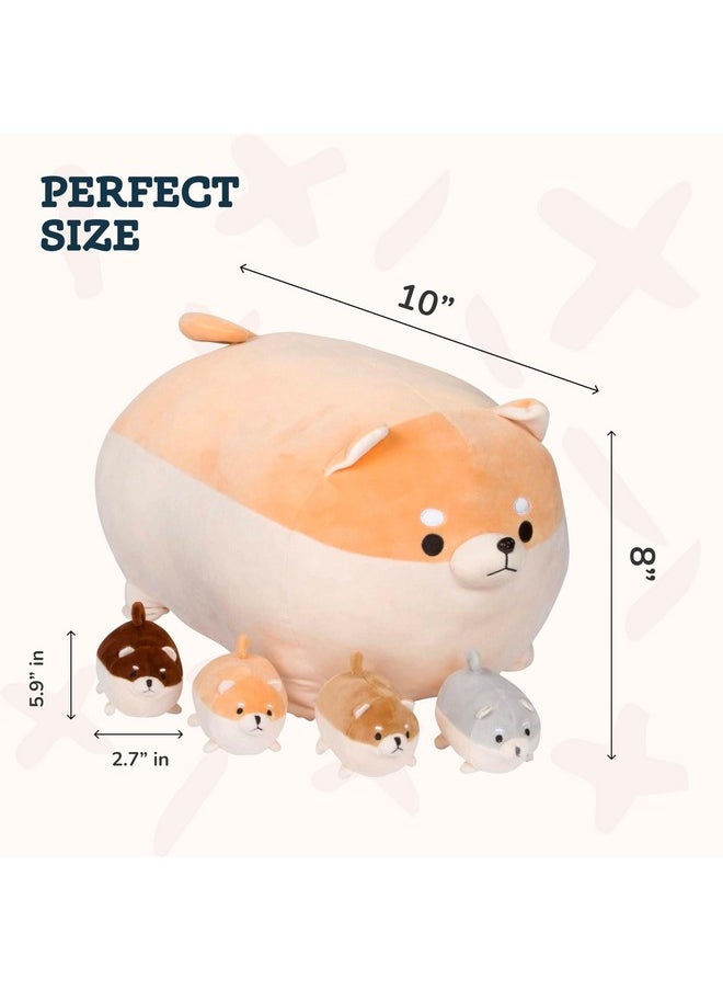 Stuffed Dog Toy - Cute Plushies Shiba Inu Mommy With 4 Puppies - Adorable Plush Pillow For Imaginative Play - Puppy Surprise Soft Animal Toy Set For Girls - Stuffed Animals For Ages 3-8