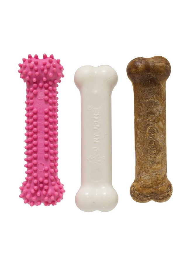 Puppy Triple Pack - Pink Puppy Teething Toy, Nylon Dog Toy, & Chew Treat Variety Pack - Puppy Supplies - Chicken And Bacon Flavors, Small/Regular (3 Count)