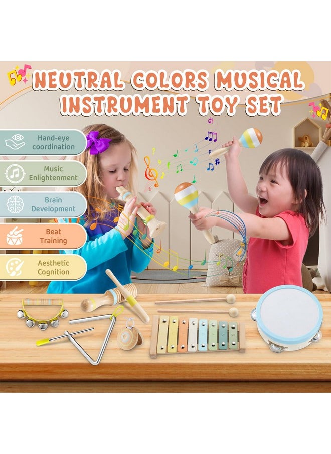 Baby Musical Instruments - Neutral Colors Percussion Instruments Set, Montessori Wooden Music Toys For Toddlers With Modern Boho Xylophone For Kids Preschool Educational With Storage Bag