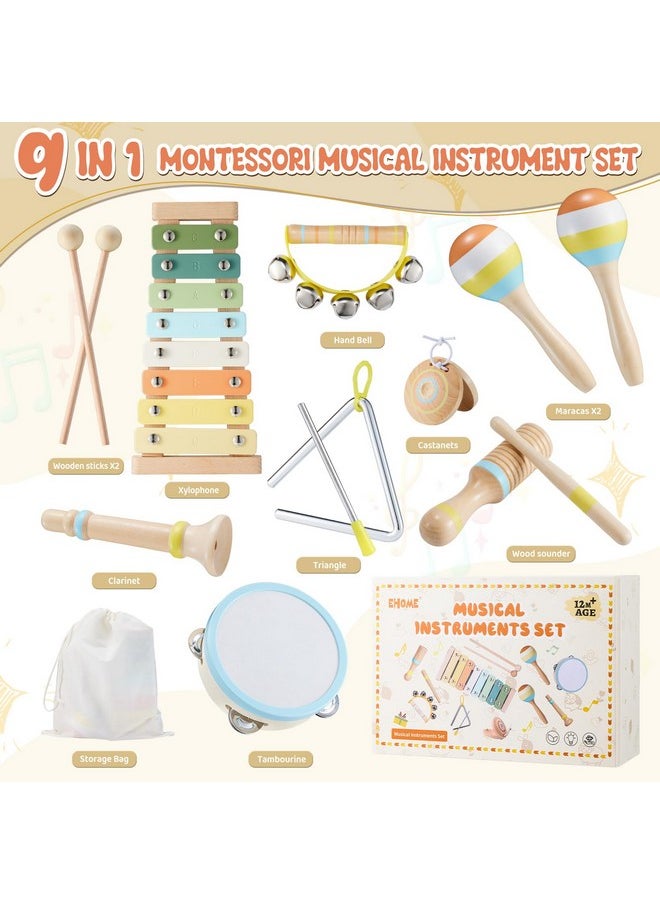 Baby Musical Instruments - Neutral Colors Percussion Instruments Set, Montessori Wooden Music Toys For Toddlers With Modern Boho Xylophone For Kids Preschool Educational With Storage Bag