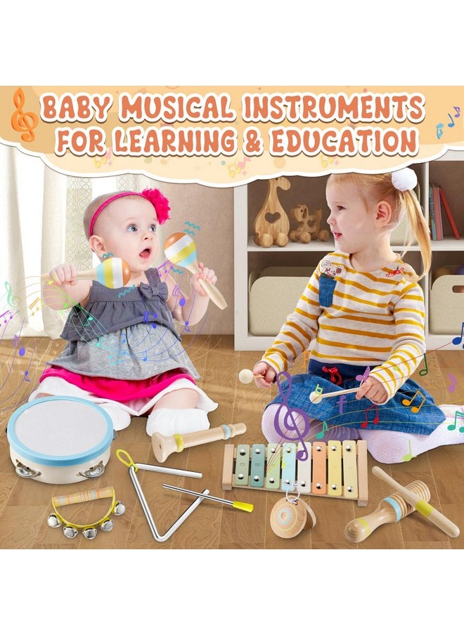 Baby Musical Instruments - Neutral Colors Percussion Instruments Set, Montessori Wooden Music Toys For Toddlers With Modern Boho Xylophone For Kids Preschool Educational With Storage Bag