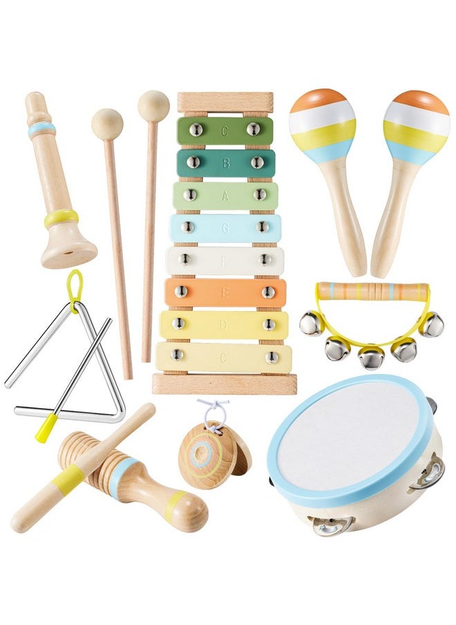 Baby Musical Instruments - Neutral Colors Percussion Instruments Set, Montessori Wooden Music Toys For Toddlers With Modern Boho Xylophone For Kids Preschool Educational With Storage Bag