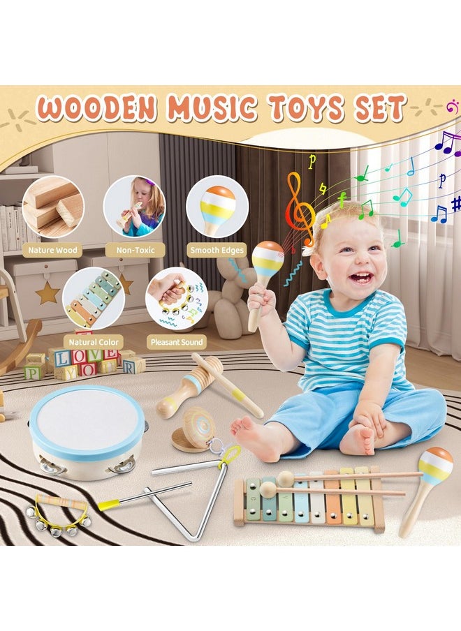 Baby Musical Instruments - Neutral Colors Percussion Instruments Set, Montessori Wooden Music Toys For Toddlers With Modern Boho Xylophone For Kids Preschool Educational With Storage Bag