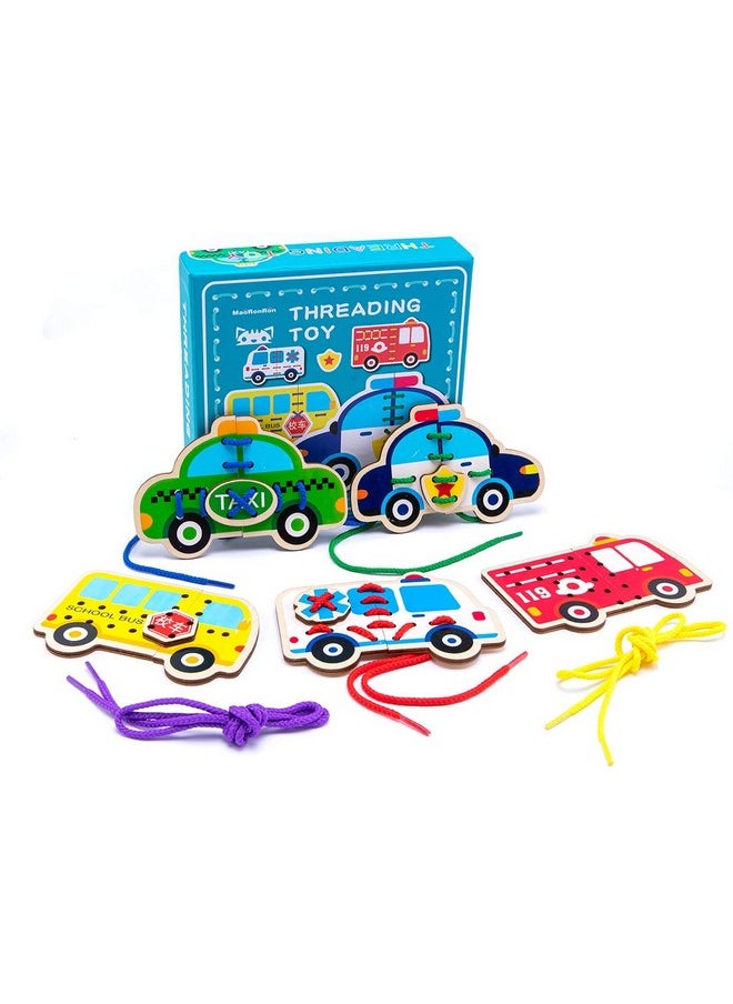 5 Pack Lacing Cards Wooden Cars Block Puzzle Threading Toys Montessori Toy Sewing Cards For Toddler Educational Preschool Toys…