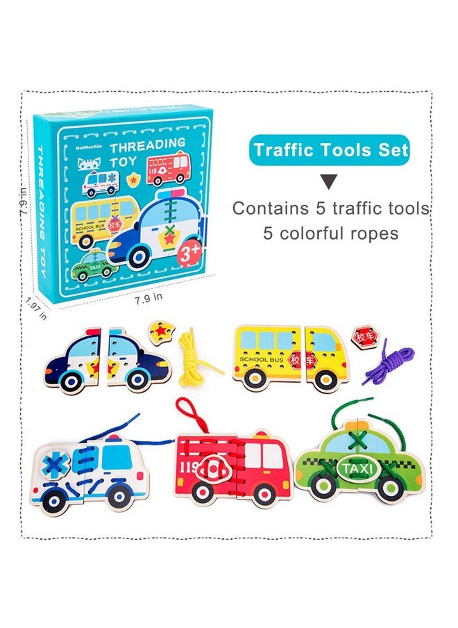 5 Pack Lacing Cards Wooden Cars Block Puzzle Threading Toys Montessori Toy Sewing Cards For Toddler Educational Preschool Toys…