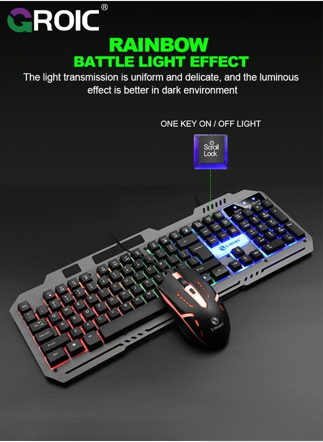 Gaming Keyboard, 104 Keys Gaming Keyboard and Mouse Combo with RGB Backlit Quiet Computer Keyboard, All-Metal Panel, Waterproof Light Up PC Keyboard, USB Wired Keyboard for MAC Xbox PC Gamers