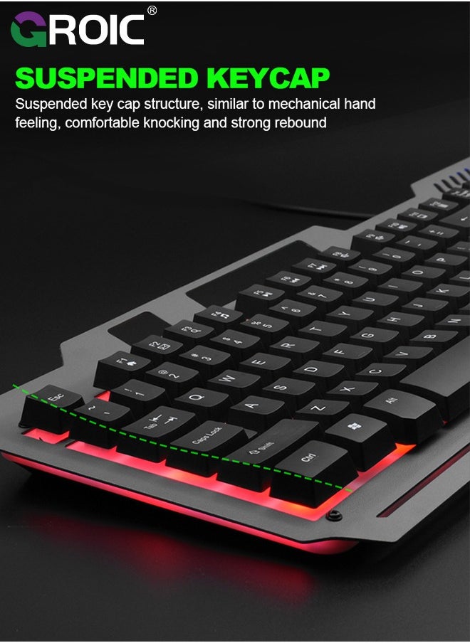 Gaming Keyboard, 104 Keys Gaming Keyboard and Mouse Combo with RGB Backlit Quiet Computer Keyboard, All-Metal Panel, Waterproof Light Up PC Keyboard, USB Wired Keyboard for MAC Xbox PC Gamers