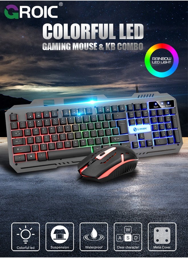 Gaming Keyboard, 104 Keys Gaming Keyboard and Mouse Combo with RGB Backlit Quiet Computer Keyboard, All-Metal Panel, Waterproof Light Up PC Keyboard, USB Wired Keyboard for MAC Xbox PC Gamers