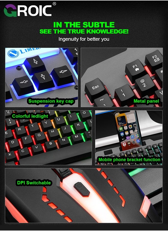 Gaming Keyboard, 104 Keys Gaming Keyboard and Mouse Combo with RGB Backlit Quiet Computer Keyboard, All-Metal Panel, Waterproof Light Up PC Keyboard, USB Wired Keyboard for MAC Xbox PC Gamers