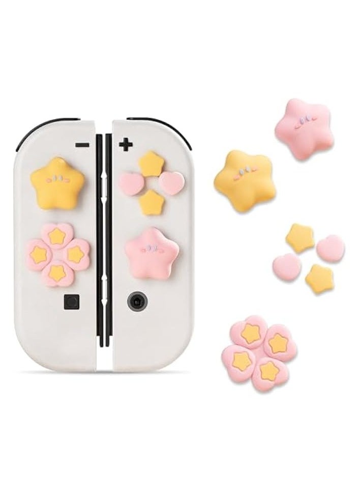 Jusy Cross D-Pad Button Caps Thumb Grips Set, Compatible with Nintendo Switch/OLED, Cute Star 3D Soft Silicone ABXY Buttons Sticker Joystick Cover Caps, Star Pink-Yellow