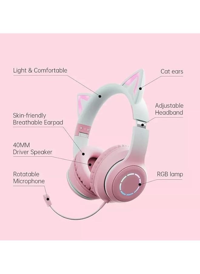 Aqua Arcade Headphones For Girls Cat Ear RGB Light Foldable Design Wireless Or Wired Connection Premium Quality Waterproof and Noise Cancelling Technology