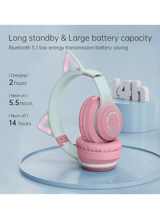 Aqua Arcade Headphones For Girls Cat Ear RGB Light Foldable Design Wireless Or Wired Connection Premium Quality Waterproof and Noise Cancelling Technology