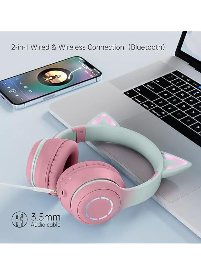 Aqua Arcade Headphones For Girls Cat Ear RGB Light Foldable Design Wireless Or Wired Connection Premium Quality Waterproof and Noise Cancelling Technology