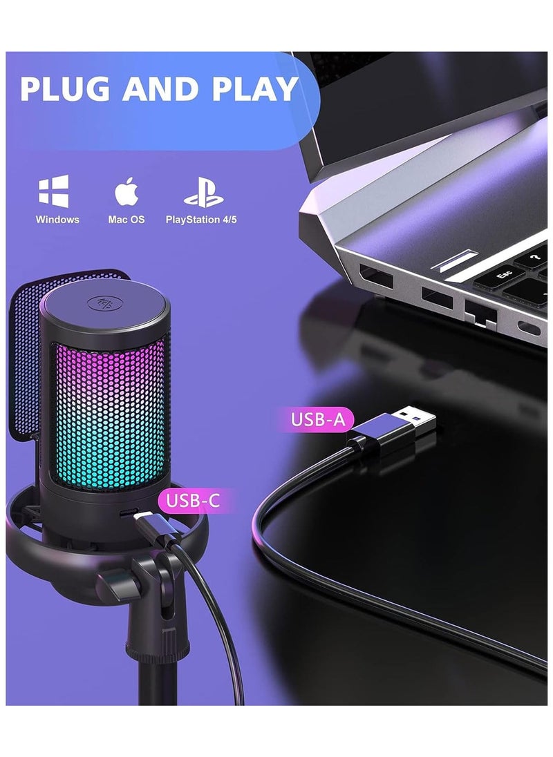 Gaming Microphone,Condenser USB Microphone,Gaming USB Microphone For PC PS5,Condenser Mic With Quick Mute RGB Indicator Pop Filter, Gain Knob & Monitoring Jack For Streaming