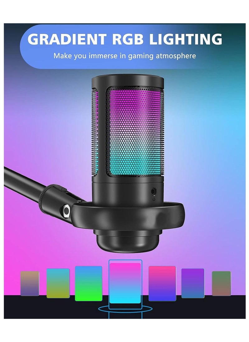 Gaming Microphone,Condenser USB Microphone,Gaming USB Microphone For PC PS5,Condenser Mic With Quick Mute RGB Indicator Pop Filter, Gain Knob & Monitoring Jack For Streaming