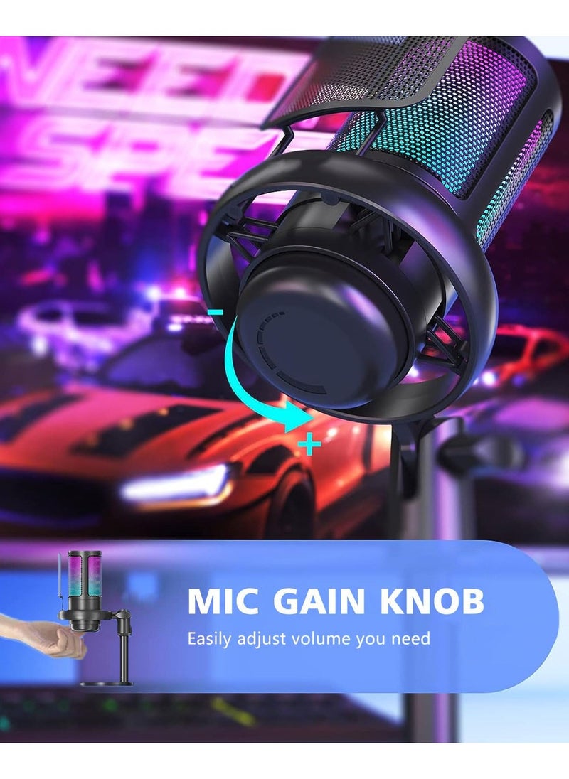 Gaming Microphone,Condenser USB Microphone,Gaming USB Microphone For PC PS5,Condenser Mic With Quick Mute RGB Indicator Pop Filter, Gain Knob & Monitoring Jack For Streaming